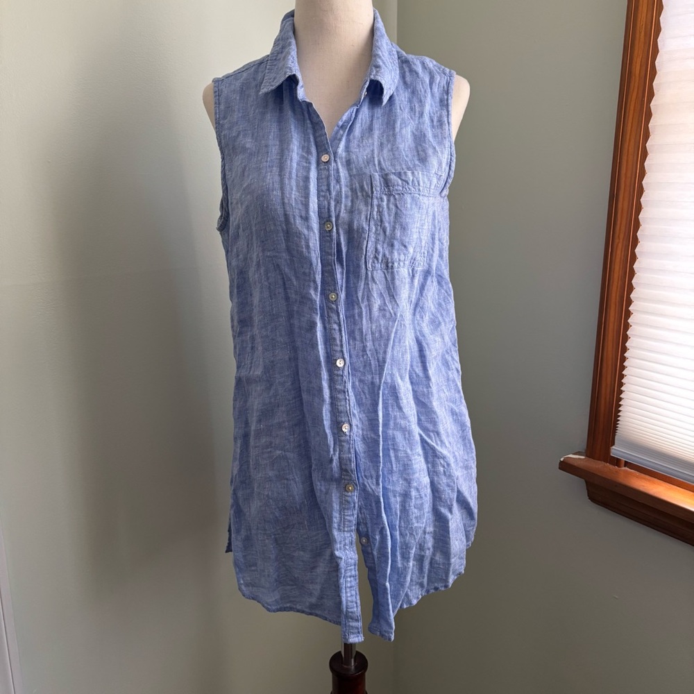 Jones New York 100% linen button up sleeveless tunic top or vest size S blue